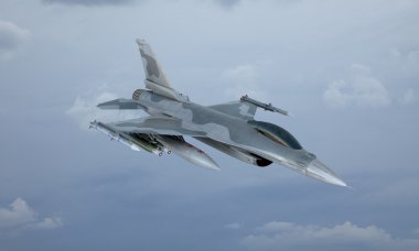 Jet F-16 uçar gökyüzünde, Amerikan askeri avcı uçağı. ABD Ordusu