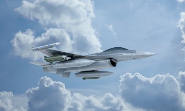 Jet F-16 uçar gökyüzünde, Amerikan askeri avcı uçağı. ABD Ordusu