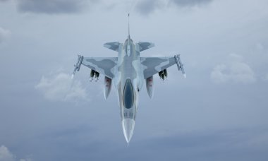 Jet F-16 uçar gökyüzünde, Amerikan askeri avcı uçağı. ABD Ordusu