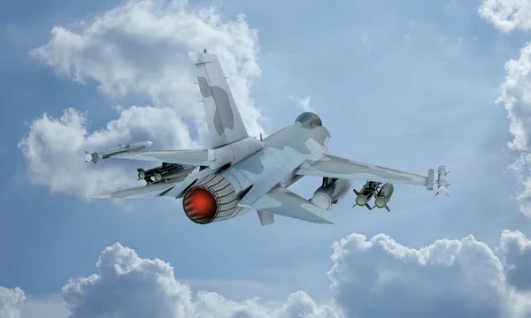 Jet F-16 volar en el cielo, avión de combate militar americano. Ejército de EE.UU. — Foto de Stock
