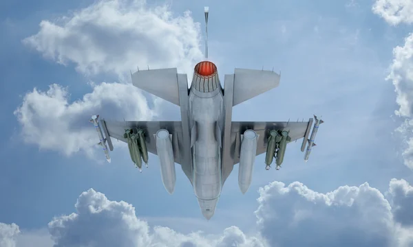Jet F-16 voar no céu, avião de combate militar americano. Exército dos EUA — Fotografia de Stock