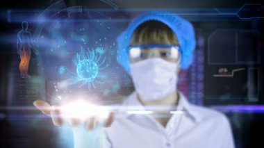 Fütüristik hud ekran tablet ile erkek doktor. Bakteri, virüs, mikrop. Geleceğin sağlık kavramı