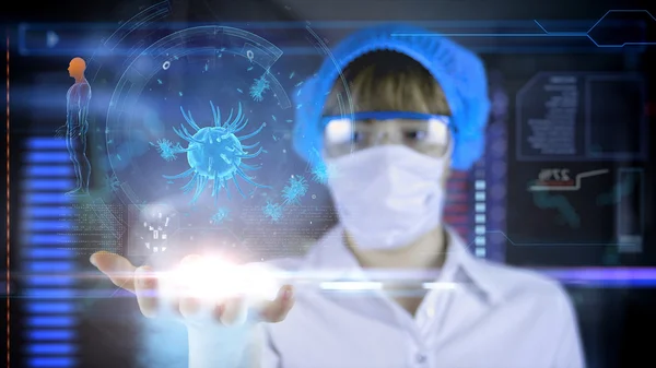Dokter wanita dengan tablet layar hud futuristik. Bakteri, virus, mikroba. Konsep medis masa depan — Stok Foto