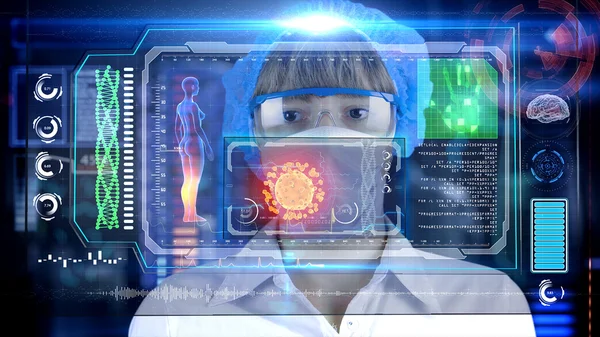 Dottore donna con futuristico tablet schermo hud. Batteri, virus, microbi. Concetto medico del futuro — Foto Stock