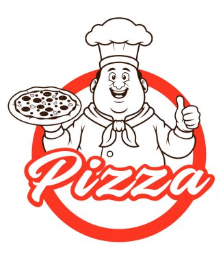 Pizza tutan neşeli bir aşçının tasviri. Fırıncı elinde bir pizza tutuyor ve onay veriyor. Pizza restoranının logosu. Otantik İtalyan şef bir pizza pişirdi..