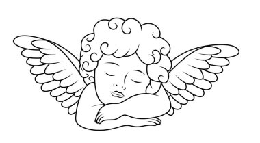 Black and white illustration of a sleeping little angel. Logo of a boy with wings. Design of a cute, beautiful flying angel. Cupid. Sleeping cherub.