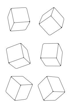 Yumuşak köşeli küplerin minimalist çizimi. Soyut arkaplan tasarımı ve görsel kavramlar için geometrik kompozisyon. Satırlarla çizilmiş boş küpler.