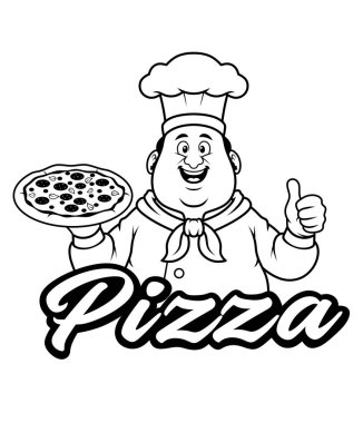 Elinde pizza tutan neşeli bir şefin siyah beyaz çizimi. Fırıncı pizzayı tutuyor ve başparmağını kaldırıyor. Pizzacı logosu. İtalyan pasta şefi..