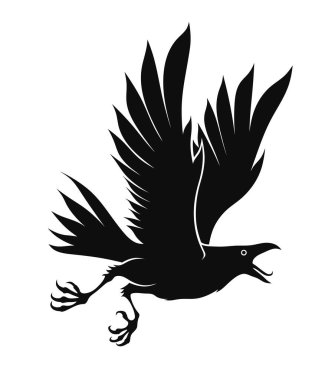 Illustration of a black crow in flight with its beak open and tongue out, a black bird with outstretched wings, a symbol of mysticism and freedom.