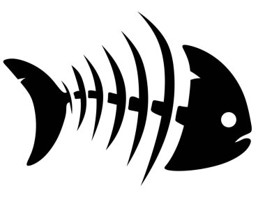 Balık iskeletinin minimalist çizimi. Logolar, tasarımlar, dekorasyonlar, balık lokantası menüleri veya çevre projeleri için siyah ve beyaz çizimler.