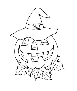 Cadılar Bayramı için cadı şapkası takmış bir balkabağı çizimi. Çocuklar için eğlenceli bir boyama sayfası, sonbaharın bayram sembolü. Kart tasarımı ve tatil süslemeleri için resim.