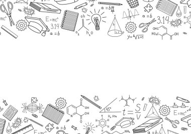 Okul malzemeleri ve bilimsel formüller beyaz arka plana çizilmiş. Okul temalı bir resim. Okul temasının arka plan tasarımı. Bir okul ve eğitim teması çerçevesi.