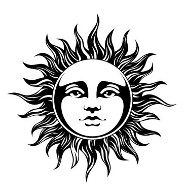 Ateşli ışınlarla çevrili insan yüzlü bir güneş. Dekor, logo ve güneş temalı projeler için uygun siyah-beyaz bir tasvir. Işınla çizilmiş bir güneş.