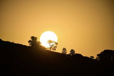 Karanlık yamaçlardaki orman siluetlerinin üzerinde yükselen güneşli altın şafak.