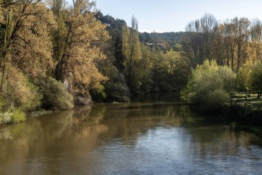 İspanya, Palencia 'da yeşil yeşillik ve sakin sularla Pisuerga Nehri manzarası
