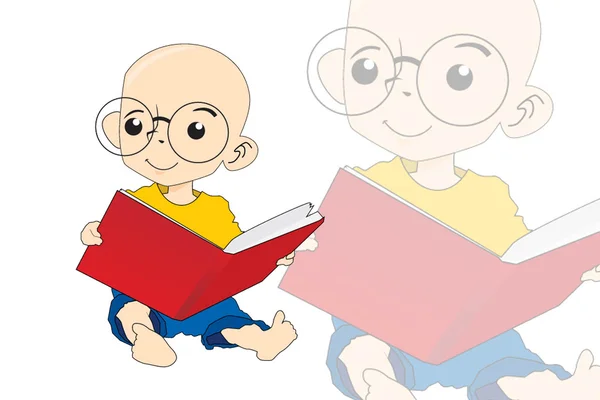 En liten pojke läser röda stora bok — Stock vektor