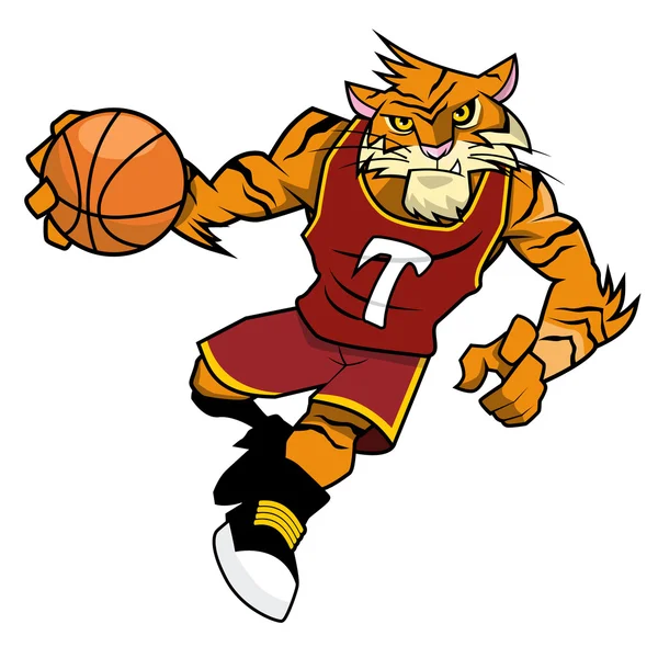 Basketball Mascot - Tiger in Red Uniform — Stock Vector