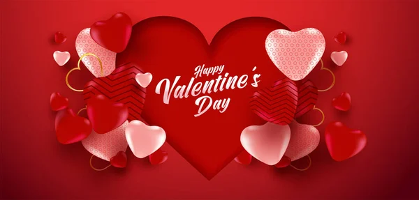 情人节销售海报或横幅上有许多甜蜜的心和红色背景 促销和购物模板 或者爱情和情人节 — 图库矢量图片