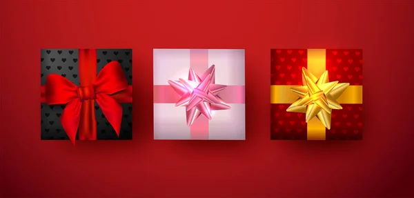 情人节礼物盒 用于横幅或贺卡上 带有蝴蝶结和缎带 — 图库矢量图片