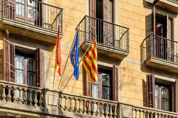 Flags of European Union, Spain and Catalonia — 스톡 사진