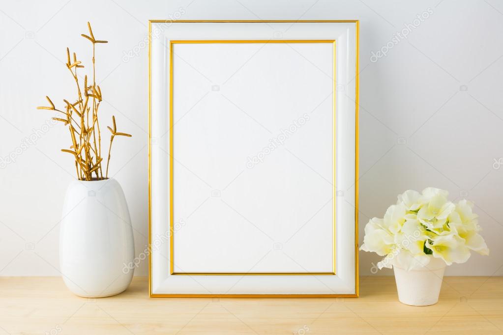 Frame Mockup With White Flowerpot Stock Photo Tasipas 111342288 Frame Mockup With White Flowerpot Poster Styled Portrait Design Empty