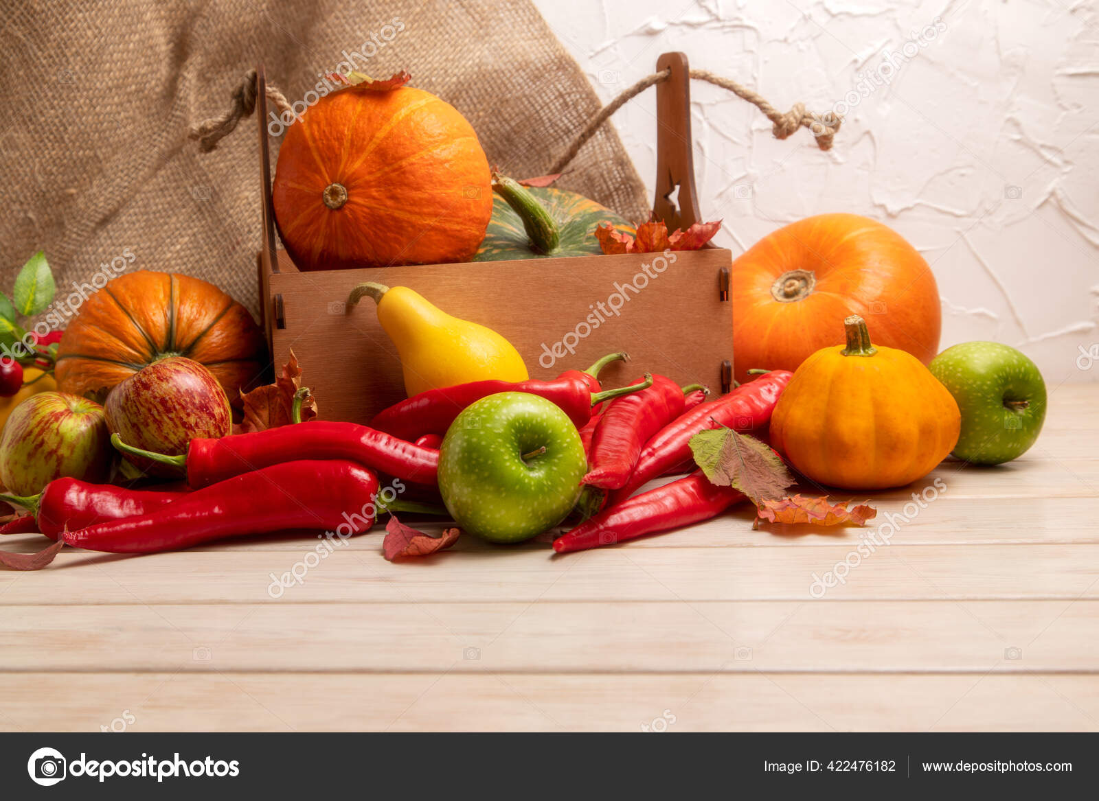 素朴な木製の箱 赤唐辛子 緑のリンゴのカボチャと葉の感謝祭の配置 ストック写真 C Tasipas