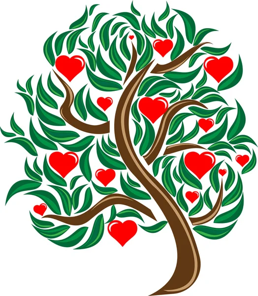Открытка любовное дерево с зелеными листьями и красными сердцами — стоковый вектор