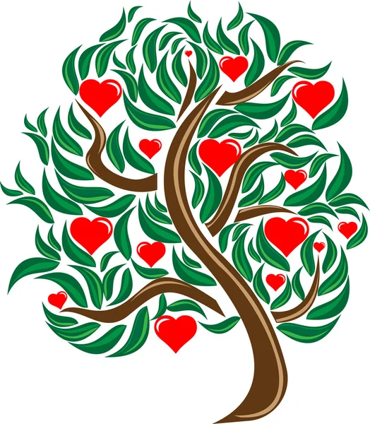 Postcard love tree with green leaves and red hearts — Stock Vector