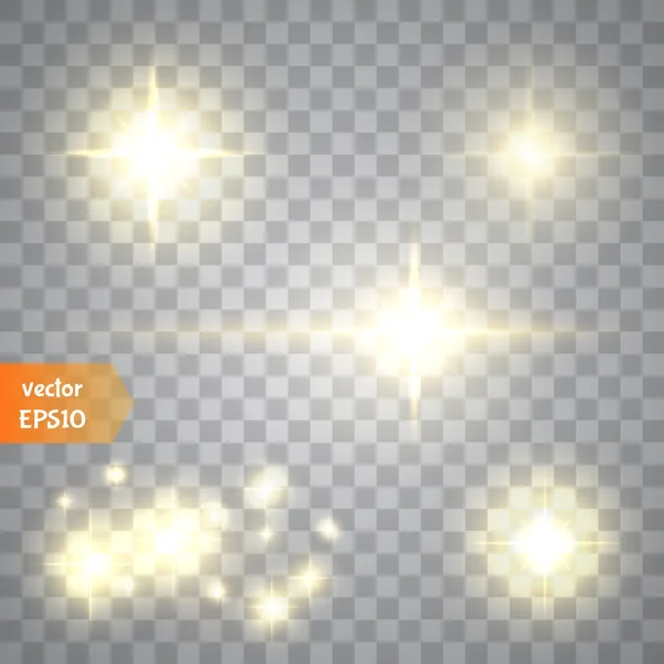 Glow special effect Light, Flare, Star en burst. Geïsoleerde vonk. Gouden lichten. Vector — Stockvector