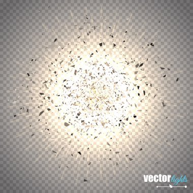 Soyut vektör patlaması. Şeffaf arkaplanda izole edilmiş parçacıklara sahip yıldız patlaması.
