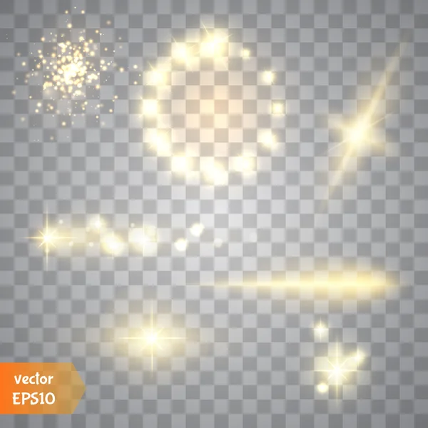 Resplandor efecto especial de luz, destello, estrella y estallido. Brillo aislado.Luces doradas. Vector — Archivo Imágenes Vectoriales