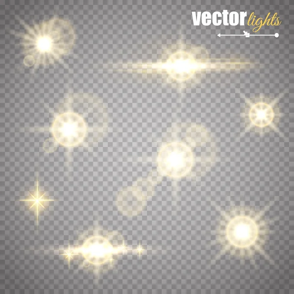 照明フレアの抽象的なイメージ。黄金色のライトのセット — ストックベクタ