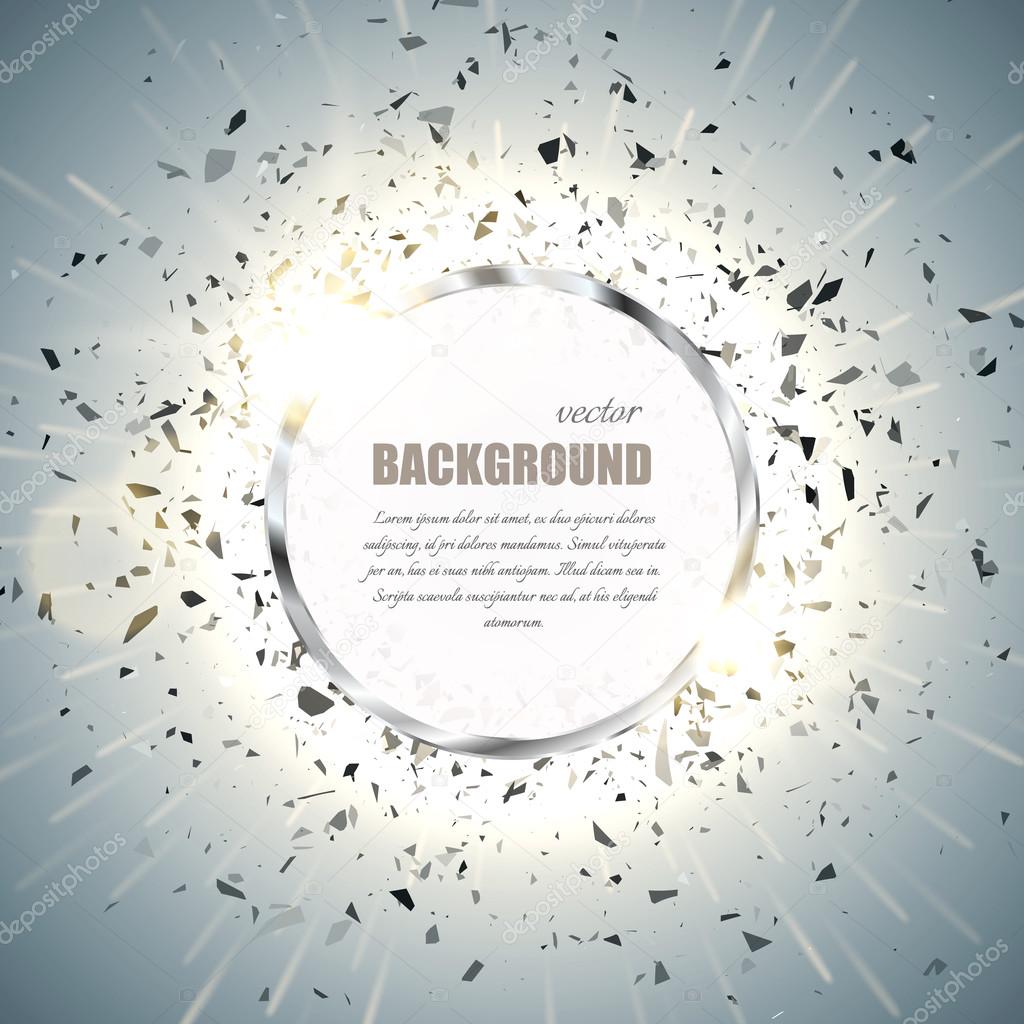 Vector ring background. Metal chrome shine round frame with spark light effect and big explosion. 