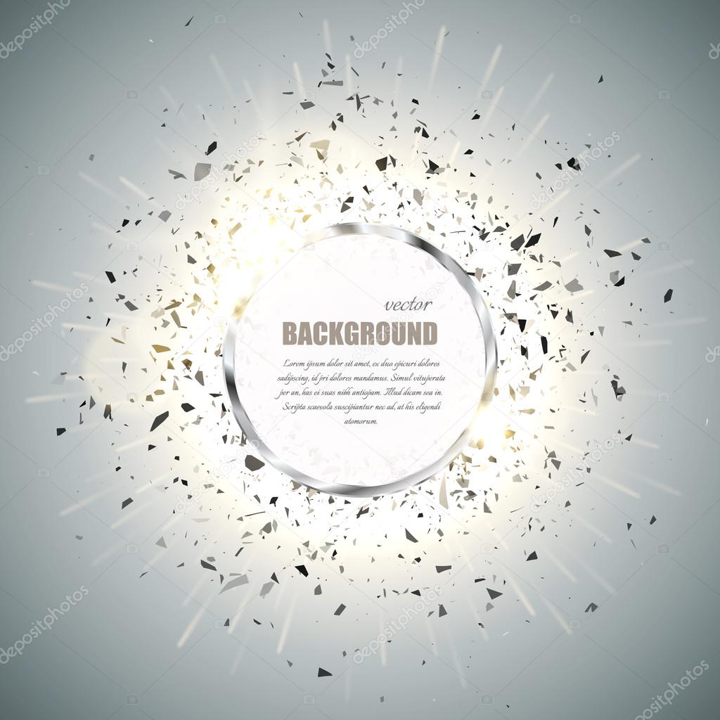 Vector ring background. Metal chrome shine round frame with spark light effect and big explosion. 