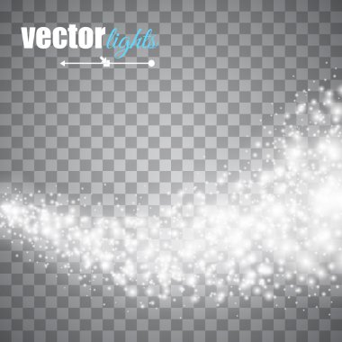 Vektör beyaz glitter dalga arka plan. Yıldız tozu pırıltılı beyaz köpüklü parçacıklar şeffaf arka plan üzerinde iz. Sihirli kızdırma arka plan