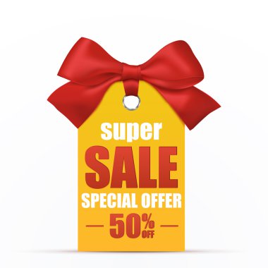 Süper Satılık poster şablonu. Vektör çizim. Fiyat etiketi veya kırmızı kurdele ve beyaz arka plan üzerinde izole yay etiketi