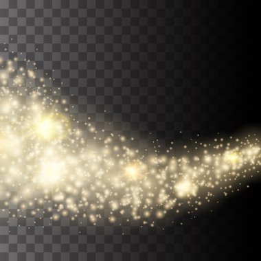 Vektör altın glitter dalga arka plan. Yıldız tozu pırıltılı altın ışıltılı parçacıklar şeffaf arka plan üzerinde iz. Sihirli arka plan