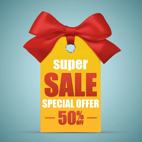 Шаблон плакату Super Sale. Векторні ілюстрації. Цінова мітка або етикетка з червоною стрічкою та бантом ізольовані на білому тлі — стоковий вектор