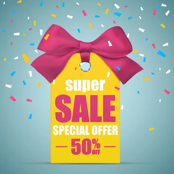 Super Sale poster template. Vector illustration. Price tag or label with red ribbon and bow with confetti pieces — Stock Vector