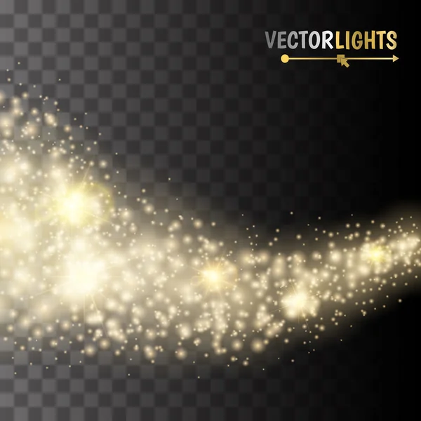 Vektör altın glitter dalga arka plan. Yıldız tozu pırıltılı altın ışıltılı parçacıklar şeffaf arka plan üzerinde iz. Sihirli arka plan