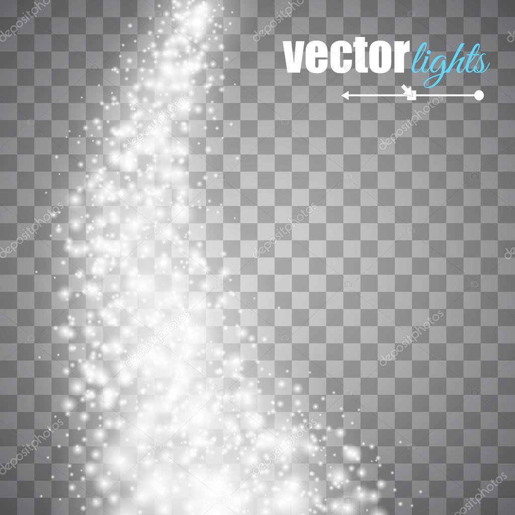 Vector white glitter wave abstract background. White glittering star dust trail sparkling particles on transparent background. Magic glow background