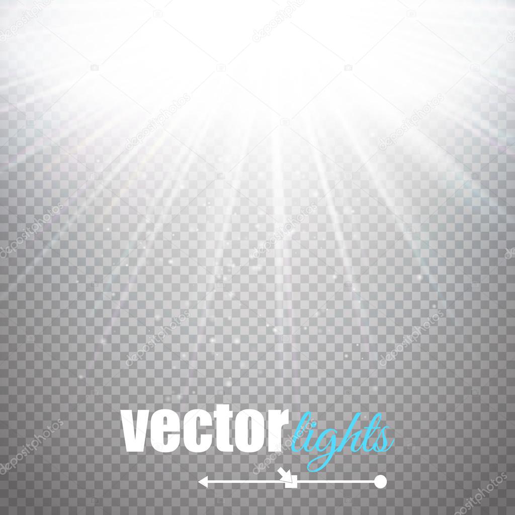 Light effect, sun rays, beams on transparent background. Vector illustration