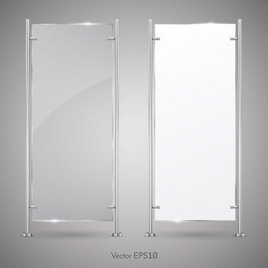 3D reklam dikey Stand cam ve boş beyaz bayrak. Vektör çizim. Mock-up Şablon tasarımcıları için.