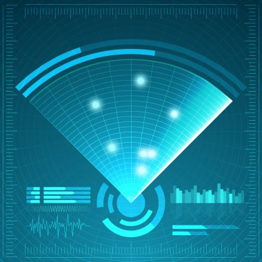Mavi radar ekranı. Vektör çizim tasarımınız için. Teknolojik altyapı. Fütüristik kullanıcı arabirimi. Hud.