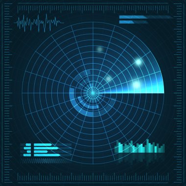 Mavi radar ekranı. Vektör çizim tasarımınız için. Teknolojik altyapı. Fütüristik kullanıcı arabirimi. Hud.
