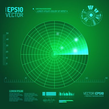 Yeşil radar ekranı. Vektör çizim tasarımınız için. Teknolojik altyapı. Fütüristik kullanıcı arabirimi. Hud.