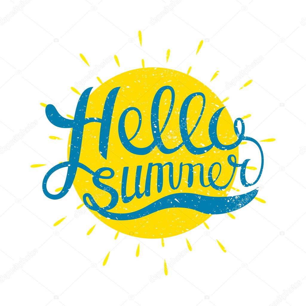 Hello Summer vector illustration isolated on white background. Fun quote. Hand lettering inspirational typography poster with rays. Handwritten banner, logo, label or badge.