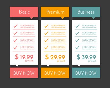 Web siteleri ve uygulamalar için vektör fiyatlandırma tablosu.