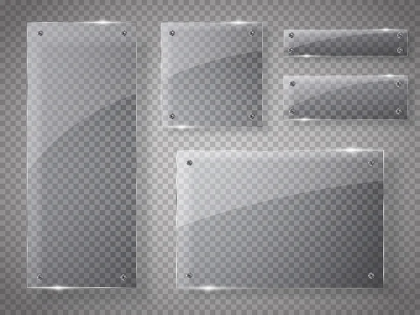 Skleněné desky nastaveny. Vektorové skleněné transparenty na průhledném pozadí. — Stockový vektor