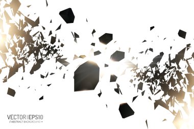 Güçlü veri bloğu. Beyaz arka planda siyah parçacıklar. Siyah taşlarla bulutu patlama parlayan ışıklar. Vektör